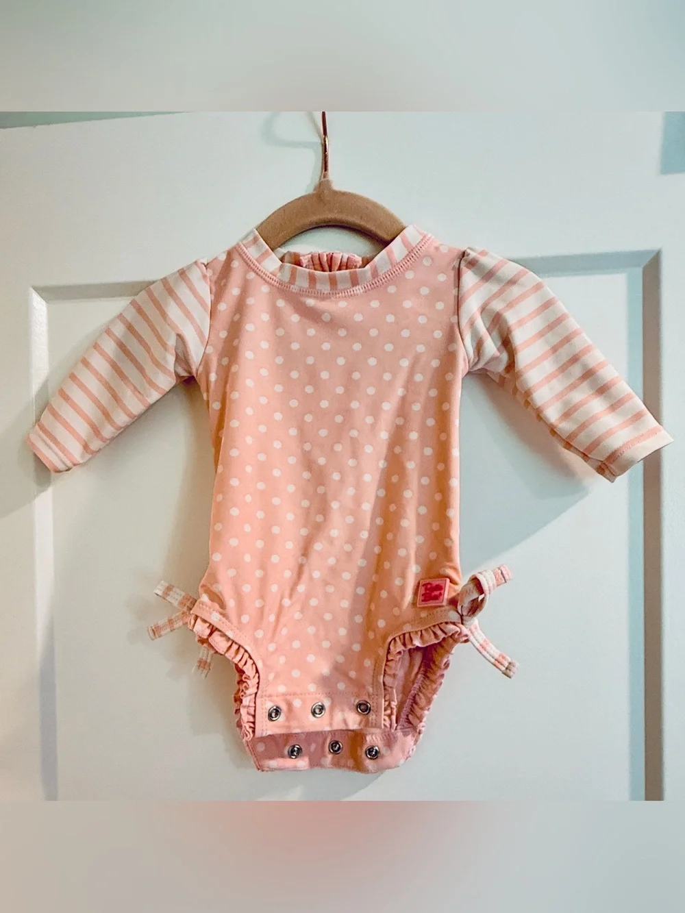 Ruffle Butts Pink Polka Dot Baby Girls' Long Sleeve Onesie Rash Guard swimsuit